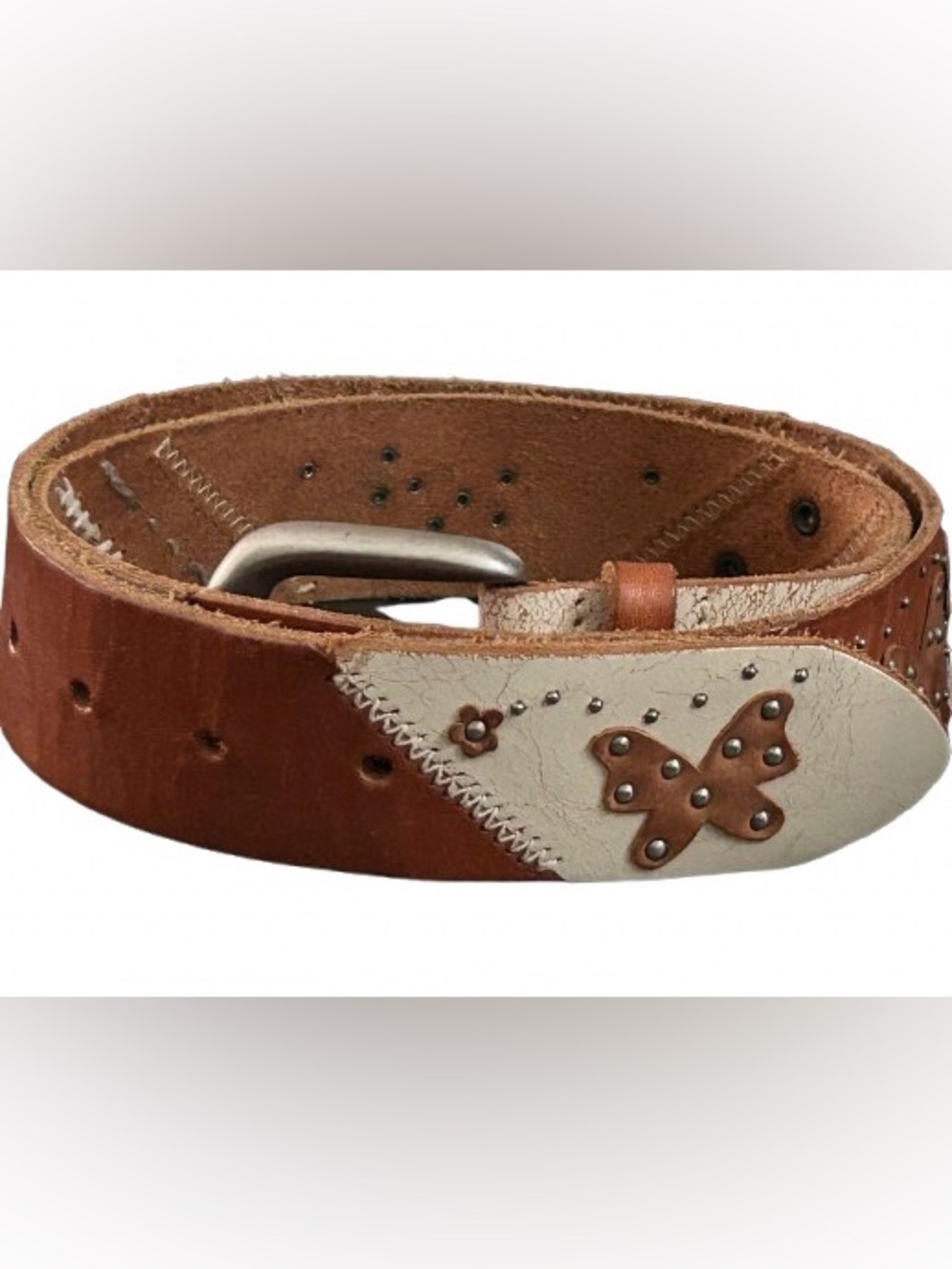 Vintage Butterfly & Flower FOSSIL Leather Belt Cream Floral Butterflies Boho